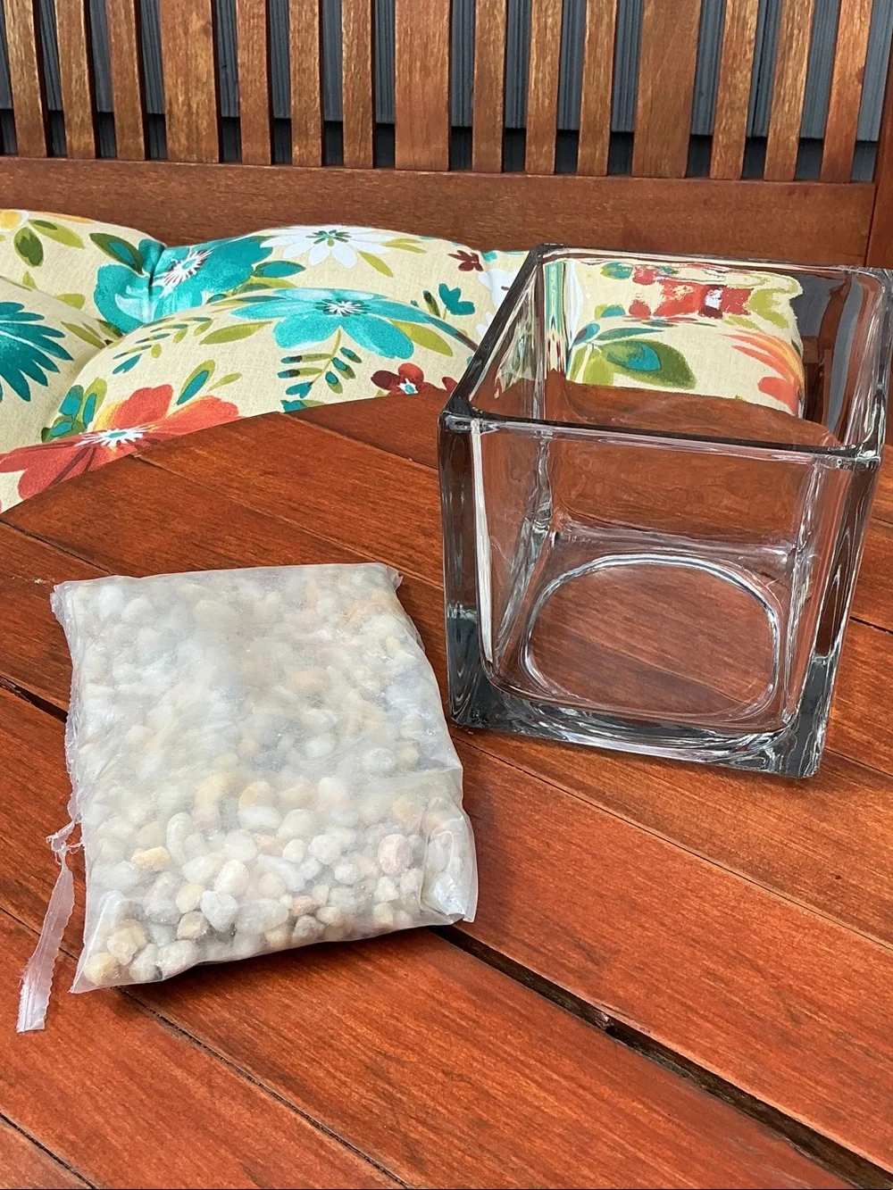 Clear Square Glass Vase with Decorative Pebbles. New